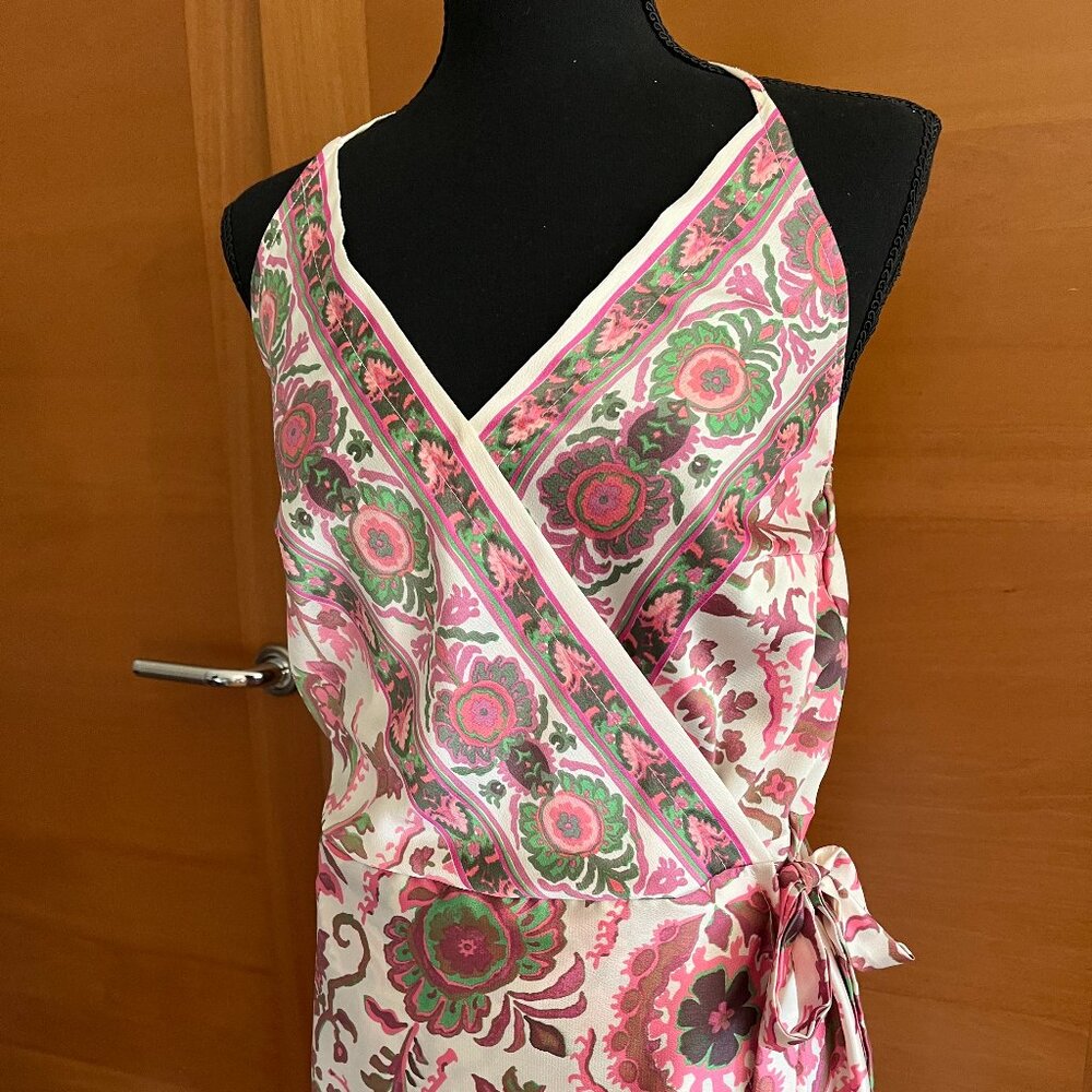 Floral Print Satin Wrap Midi Dress New, Size S/M - Picture 3 of 5